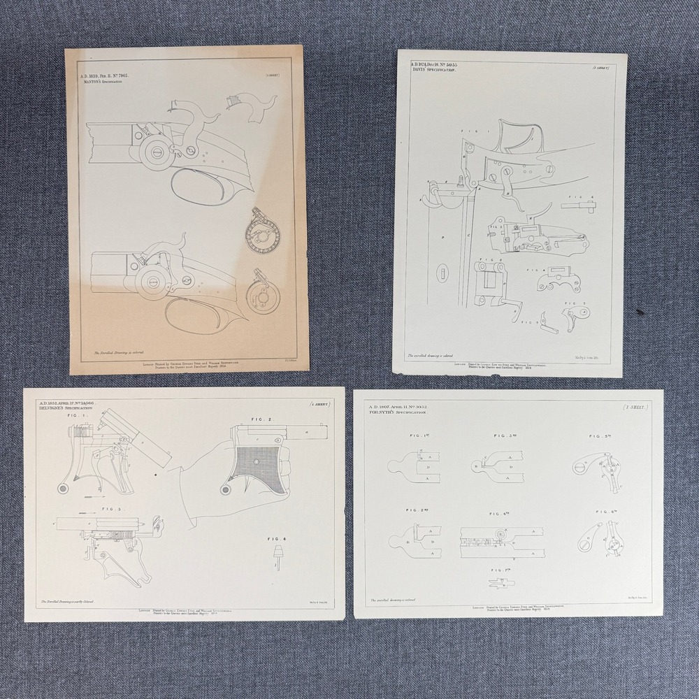 Vintage 1854 Firearms Patent Prints Set of 4 Manton Davis Delvigne Forsyth